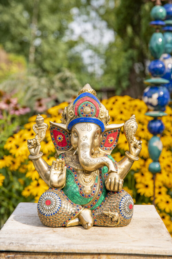 GANESHA Ottone, Pietra e intarsi Argento (30 CM) - immagine 2